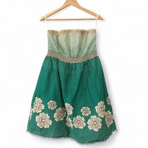 Maeve Green and Cream Strapless Polka Dot Floral Dress